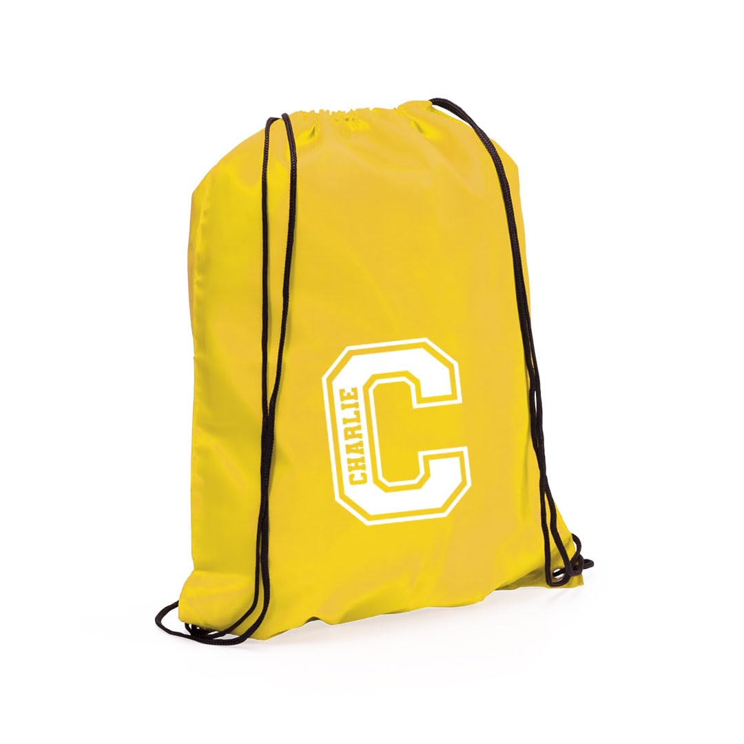 eBuyGB Personalised Monogrammed Drawstring Bag, Initial & Name Kids Backpack, Gym Rucksack, School Sport Bag, Children's PE Kit (Yellow)