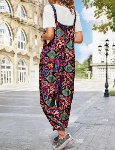 Image of YESNO Women's Overalls Cotton Boho Casual Floral Bib Jumpsuit Baggy Adjustable Strap Romper with Pockets PVV