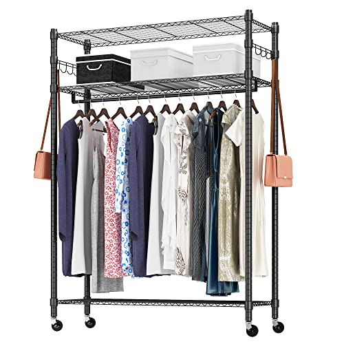Rolling Garment Rack With Adjustable Wire Shelf, 3 Tired Clothes Rack Including 1 Clothes Hanging Bar, 1 Roating Hanger Hooks - Hold Up To 400Lbs (Black, 1Rod 1Hook) #TOP29