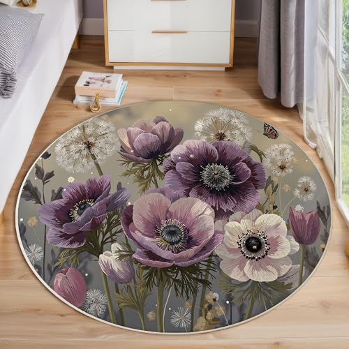 Alfombra Redonda Flores Naturales De Acuarela Antideslizante, Alfombra Estampado Anémona Diente De León Pelo Corto Suave, fácil de Limpiar Púrpura Alfombras, para Sala de Estar Dormitorio Cocina 120cm