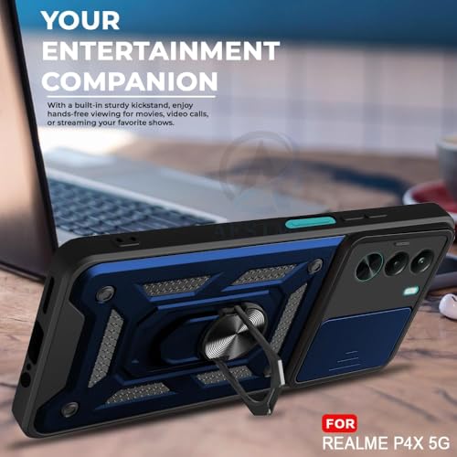 Image of AIBEX Back Cover Compatible for OnePlus Nord CE 6 Lite 5G / Realme P4X 5G | D10 Tough Armor Case | Sliding Camera Shield | 360 Protection | Kickstand Ring Holder | Military-Grade Bumper Case - Blue