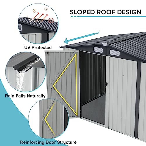 Verano Garden 8x6 FT Outdoor Storage Shed, Galvanized Steel Metal Garden Shed, Double Door W/Lock, Outdoor Storage Tool House for Backyard, Patio, Lawn