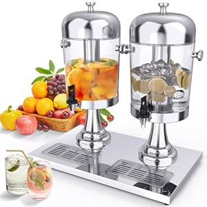 Beverage Dispenser, 4.4 Gallon Double Drink Dispenser with Centre Ice Core and Drip Tray, Stainless Steel & PE Beverage Dispenser with Stand for Cold Drinks Parties Buffet Catering