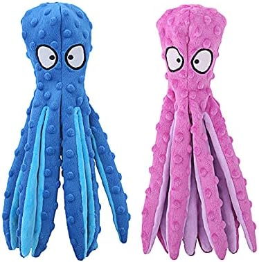 HGB Squeaky Dog Toys, Octopus No Stuffing Crinkle Plush Dog Chew Toys for Puppy Teething, Pet Training and Entertaining, Durable Interactive Dog Toys for Puppies, Small, Medium, and Large Dogs, 2 Pack