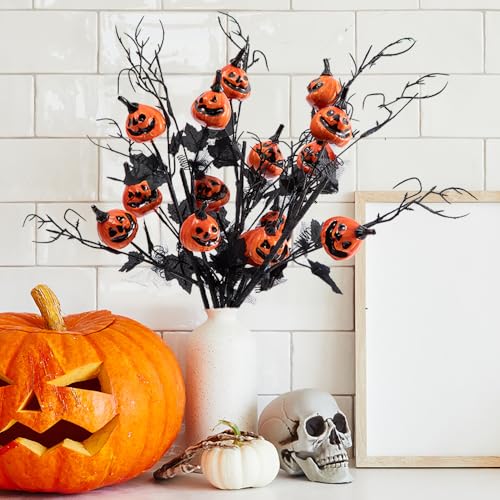Laelfe 5Pcs Halloween Black Branches with Small Pumpkins - Artificial Stems with Maple Leaves Holloween Table Party Indoor Decorations (Halloween Branche)