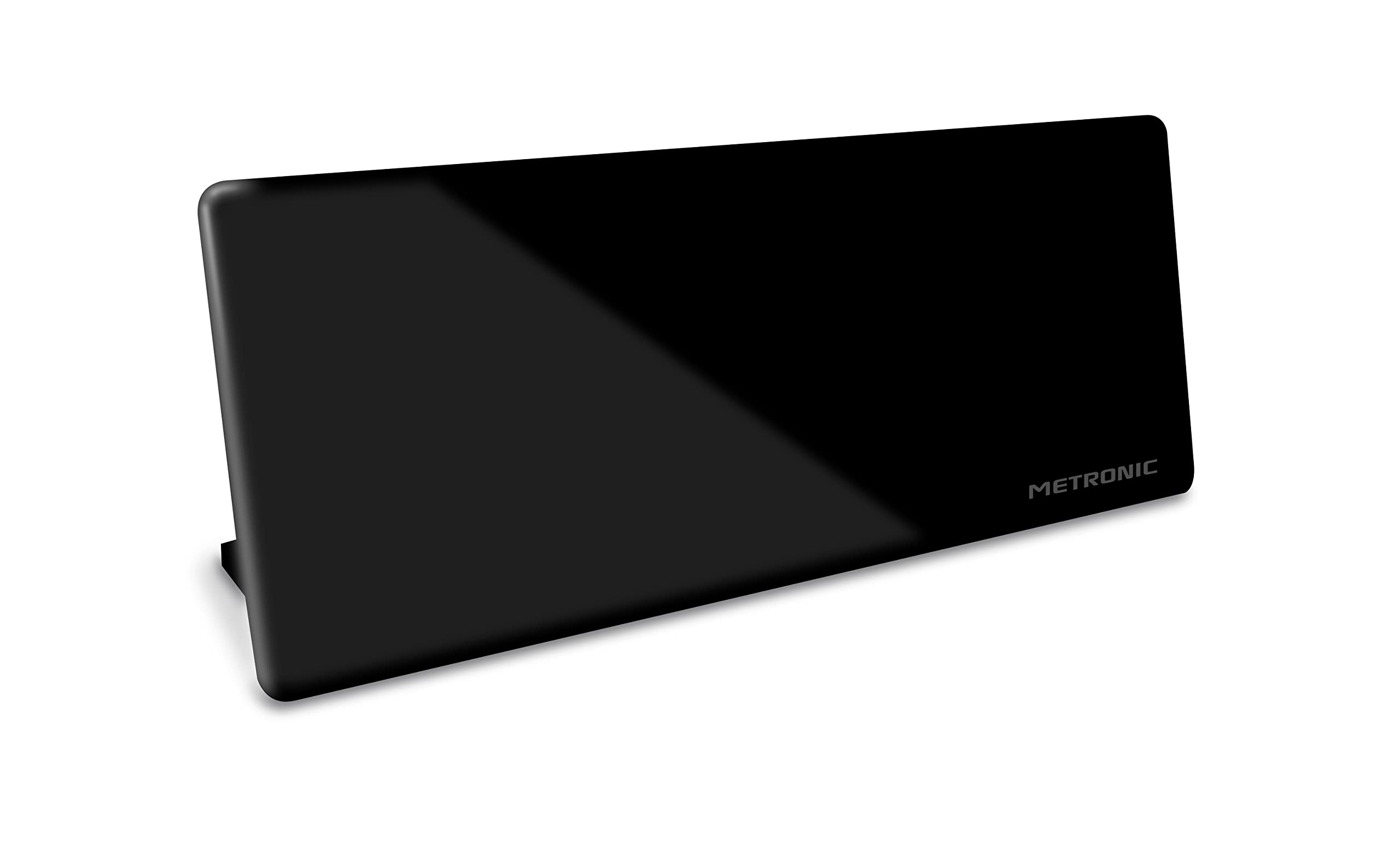 Metronic 416808 - Antena TV TDT Interior, para HDTV, UHD, 4K / DVB-​T/​DVB-​T2 / UHF, Filtro 5G, recibe emisoras Radio Dab+, Ganancia 92, extraplana, con pie de Soporte o fijación Mural, Negro