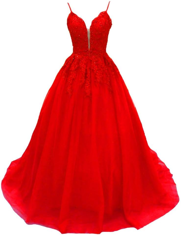 Lemai Women's Beaded Lace Appliques Spaghetti V Neck Ball Gown Long Prom Dresses