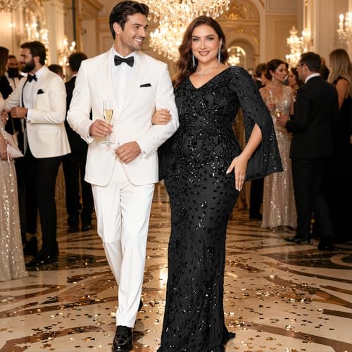Image of Plus Size Formal Dresses for Women with Embroidery Sequin and Cape Sleeve, V-Neck Maxi Dress for Wedding and Party