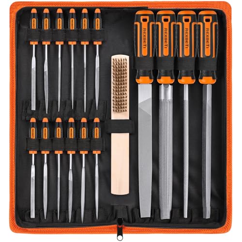 Image of REXBETI 25Pcs Metal File Set, Premium Grade T12 Drop Forged Alloy Steel, Flat/Triangle/Half-round/Round Large File and 12pcs Needle Files with Carry Case, 6pcs Sandpaper, Brush, A Pair Working Gloves