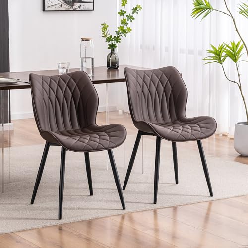 Kidol & Shellder Dining Chairs Set of 2, PU Leather Upholstered Kitchen Chairs with Back Armless, Mid Century Modern Side Chair for Dining Room, Living Room, Lounge, Restaurant, Brown