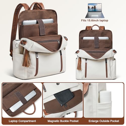 Laptop Backpack for Women 15.6 inch,Travel Leather Backpack Purse Nurse Teacher Carry on Backpack Computer Bag,Professional Water-Resistant College Business Work Casual Daypack,Beige with Brown - Image 2