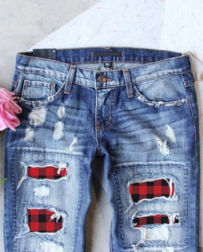 Plus Size Boyfriend Jeans for Women Trendy Cowboy Patch Work Distressed Jeans Casual Baggy Ripped Bling Blue Pants3