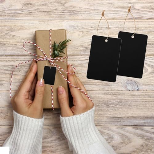 Image of CVANU Black Kraft Paper Hanging Rectangle Shaped Tags (300pcs) with Jute Twine for Wedding| Write Blessings| Thanksgiving| Gift Decor (3.5inch X2.3inch)