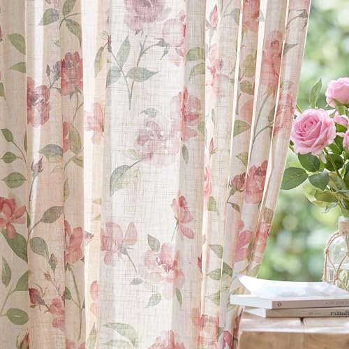 Image of jinchan Pink Floral Linen Curtains 63 Inch Cottagecore Back Tab 2 Panels | Light filtering drapes, semi sheer, farmhouse, watercolor, romantic, living room, bedroom, rod pocket, window treatment