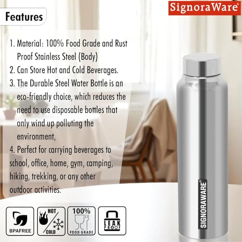 Image of SignoraWare Aqua Single Walled ISI Certified Stainless Steel Bottle With Matte Finish | Airtight & Leakproof | Compact Design | Ideal for School, Home, Office, Yoga, Gym Or Outdoors ( 750ml | Steel )
