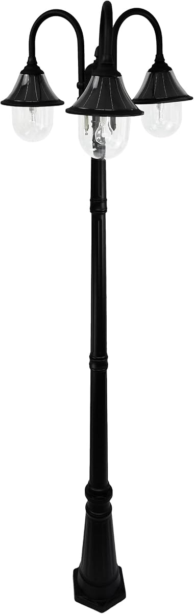 Gama Sonic Orion Kit de luz de poste de lámpara solar para exteriores, lámpara empotrada de estilo industrial de resina negra triple, poste de aluminio fundido con luz blanca cálida 2700K, 123BM50003