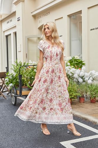 Image of OSTOO Women's Floral Maxi Dress Boho Summer Short Sleeve Smocked Waist Tiered Long Dress