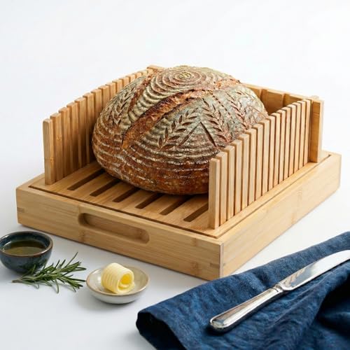 10.5 Extra Sourdough Bread Slicer Guide - Premium Bamboo Bread Cutter with Crumb Tray & Serving Board - Artisan Bread Slicing Guide for Homemade Boules, Sourdough Tools & Gifts