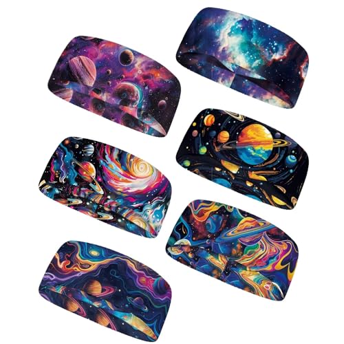 Forchrinse 6Pieces Galaxy Planet Sport Sweatbands for Men Women Colorful Nebula Space Running Headbands Soft Athletic Sweat Wicking Head Bands Non Slip Hair Wrap