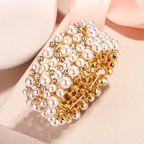 EVER FAITH Women's Crystal Simulated Pearl Stunning Bridal Wedding Hollow Elastic Stretch Bracelet4