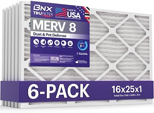 BNX TruFilter 16x25x1 Air Filter MERV 8 (6-Pack) - MADE IN USA – Dust & Pet Defense Electrostatic Pleated Air Conditioner HVAC AC Furnace Filters for Dust, Pet, Mold, Pollen MPR 600 – 700 & FPR 5