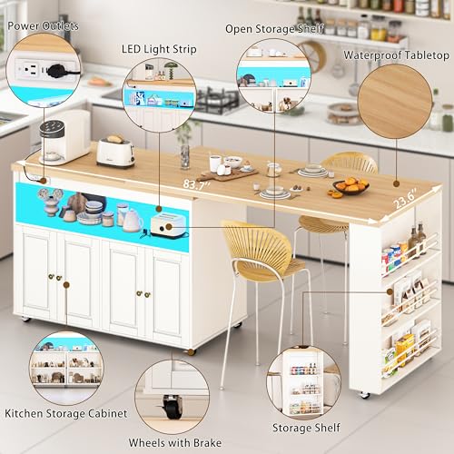 Image of 84'' Rolling Kitchen Island with Swivel Table, Kitchen Cart with LED Lights, Power Outlet, Movable Storage Cabinet with Side Tabletop on Wheels, for Kitchen, Living Room, Home Bar, White