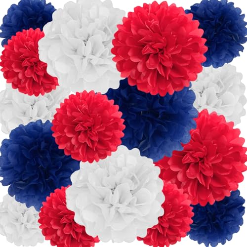 Image of 18 PCS Tissue Paper Pom Poms, Tissue Pom Poms Flowers, Sizes of 6 inch, 10 inch, 12 inch, 14 inch Hanging Paper Flower Ball for Independence Day, Fourth of July, Baby Shower Party Decor (Red Blue White)