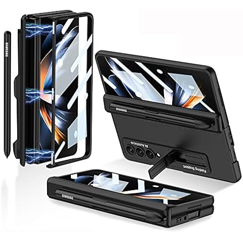 FODDOM Samsung Galaxy Z Fold 4 Hinge Case with S Pen Holder & Kickstand, Glass Screen Protector Magnetic Silicone All-Inclusive Shockproof Cover for Samsung Galaxy Z Fold 4 5G (Black) Cover