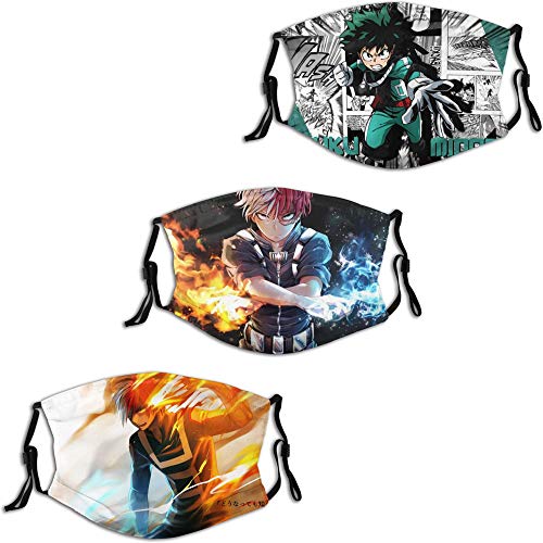 Anime My Hero Academia Shouto Todoroki (3) Men Women Face Mask 3PC with 6 Filter Reusable Adjustable Mouth Cover Washable Balaclava Made in USA
