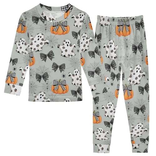 Pajama Sets Long Sleeve Halloween Ghosts Pumpkins Bow Soft Comfy Sleepwear 2 Piece PJS 3-8T