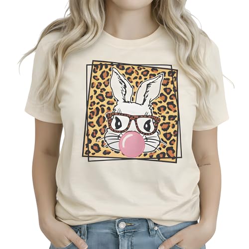 Cute Easter Bunny T-Shirt for Women - Funny Leopard Glasses Rabbit Graphic Tee, Sassy Bubblegum Spring Holiday Top