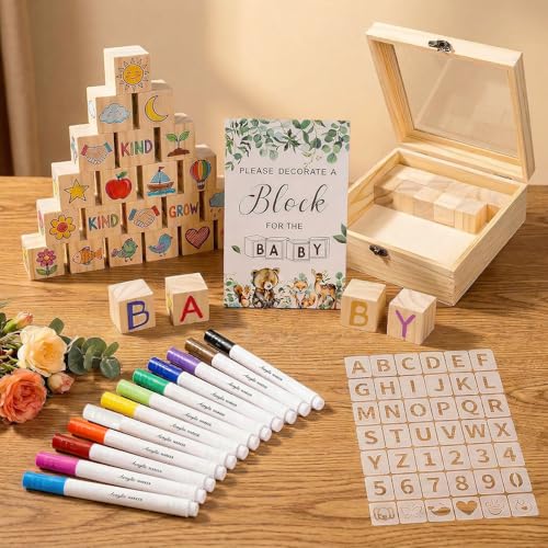 Juego de 104 Letreros para Baby Shower, actividades con bloques de madera, lápices y plantillas, actividad creativa y decoración para invitados, Mini Natural Cubos de Madera Baby Shower