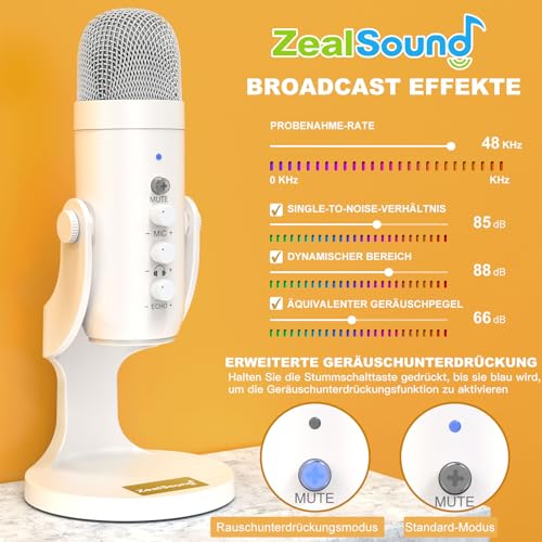 zealsound USB Mikrofon, Podcast Mikrofon für PC, iPhone & Handy, Perlweiß – Ansicht 3