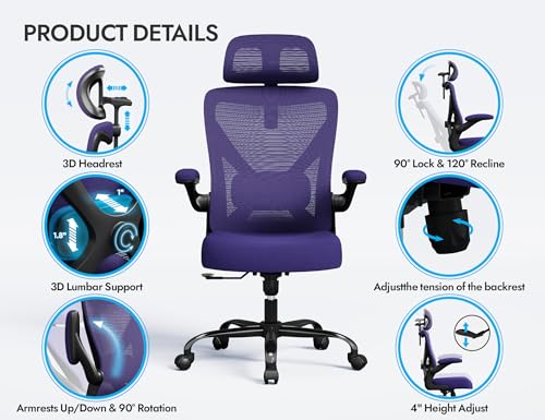 Image of Office Chair - Ergonomic Office Chair with Back Support, Ergonomic Computer Chair - Home Office Desk Chairs, 330lbs Wide Seat Big and Tall Office Chairs with Headrest, Comfy Desk Chairs (Purple)