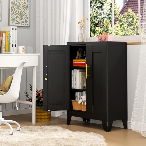 Image of pozdeg 35.43 inch Lockable Metal Storage Cabinet, Steel Office File Cabinet | Garage Tool Cabinet with 2 Adjustable Shelves, Freestanding Multi‑Purpose Cabinet for Home, Office & Garage, Black