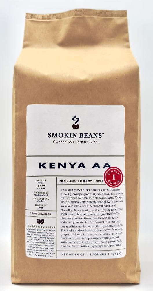 5-Pound Kenya Aa, Unroasted Green Arabica Coffee Beans, Fresh Current Crop Specialty Grade, Roast the Beans Yourself at Home on Your Roasting Equipment Prior to Using for Brewing Coffee