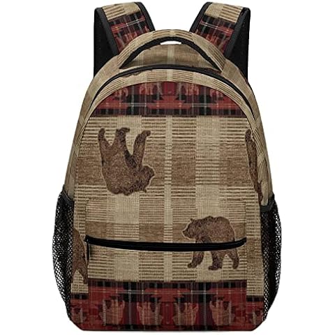 Rustic Brown Bear Laptop Backpack,Vintage Plaid Farmhouse Abstract Bear Printed Laptop Backpack School Travel One Size Cover