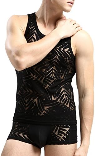 Mens Printed Tank Top and Short White Sleeveless Muscle Vest Casual Undershirt with Boxer Brief Underwear Set(A-5601, Medium)