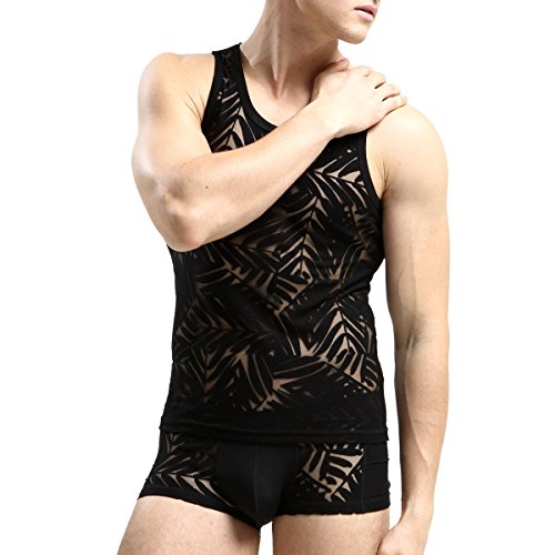 Mens Printed Tank Top And Short White Sleeveless Muscle Vest Casual Undershirt With Boxer Brief Underwear Set(A-5601, Medium) #TOP2