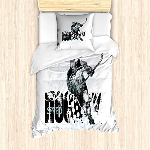 ABAKUHAUS Eishockey Bettbezug Set für Einzelbetten, Grunge-Spieler-Skizze, Milbensicher Allergiker geeignet mit Kissenbezug, Schwarz Weiß Blassblau ABAKUHAUS Eishockey Bettbezug Set für Einzelbetten, Grunge-Spieler-Skizze, Milbensicher Allergiker geeignet mit Kissenbezug, Schwarz Weiß Blassblau