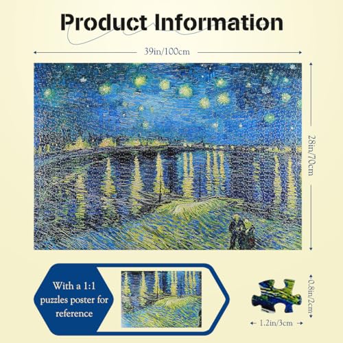 MISITU 2000 Pieces Puzzles for Adults "Starry Night in Rhone River" by Vincent Willem Van Gogh - Image 2