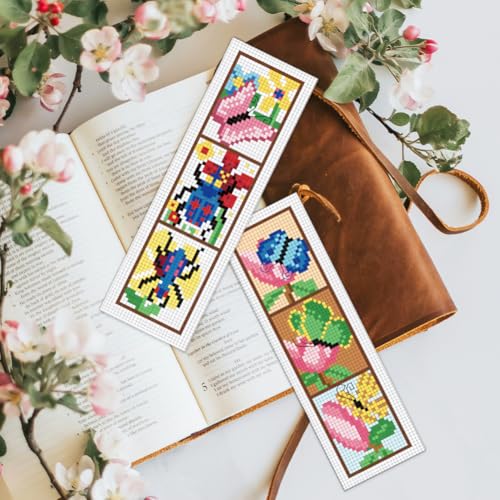 Image of BEUNITONE 6 Pcs Insects Cross Stitch Bookmark Kits for Beginners Bookmark with Butterflies Dragonflies Pattern Counted Cross Stitch DIY Stamped Embroidery with Instructions for Book Lover 8''x2.4''