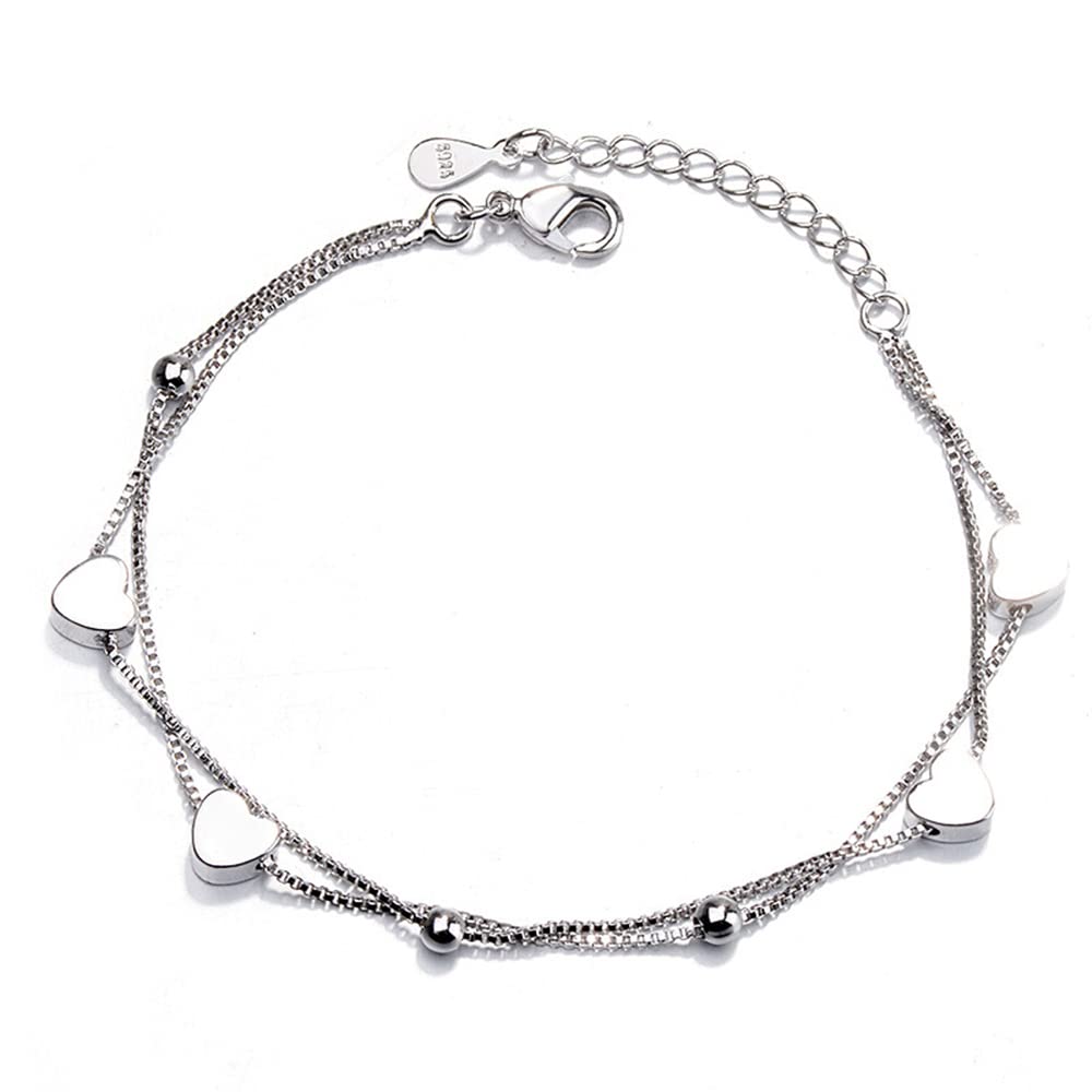 925 Sterling Silver Bracelet for Women, Love Heart Chain Bracelet Bangle, Women’s Link Bracelets