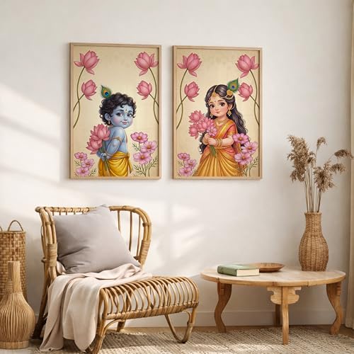 Image of Suneree Radha Krishna Painting with Lotus Flowers | Set of 2 Framed Wall Art Paintings | Traditional Indian Decor for Living Room Bedroom Pooja Room | (ART 5, 10x13 INCHES)