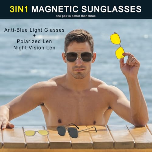 Image of 3in1 Magnetic Clip On Sunglasses Polarized For Women Mens Blue Light Glassess Aviator Stylish Eyewear for Drivers