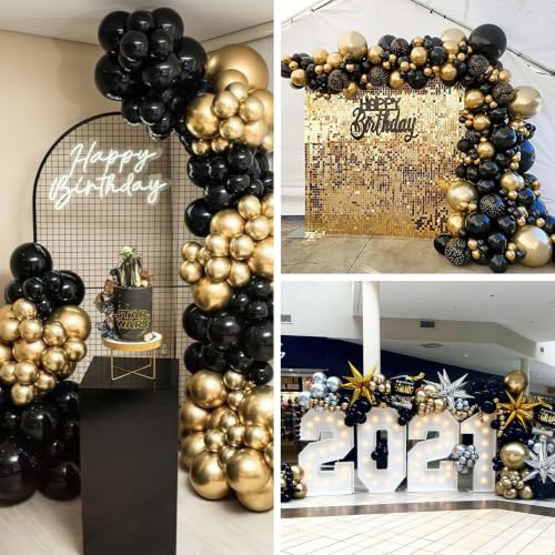 Image of PartyWoo Black and Gold Balloon Arch Kit Garland 140pcs Different Sizes of 18 12 10 5 Inch Black Metallic Gold Confetti 22 Inch Star Balloons for Graduation Birthday New Year's Eve Party Decorations