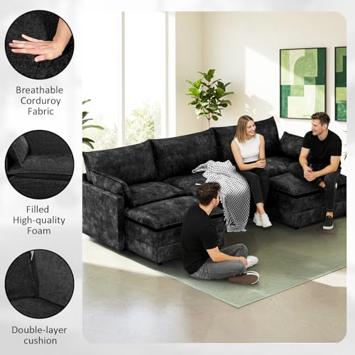 Image of LEVELEVE 112.5 inch U-Shape Modular Sofa with 2 Ottomans, Deep Seat Cloud Convertible Sleeper, 2 Arm Pillows, Comfortable Upholstered Furniture for Living Room Apartment, Black
