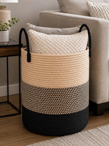Image of Large Laundry Basket - Rope Hamper for Dirty Clothes, Towels, Toys, Blanket, Pillows in Living Room, Bedroom and Laundry Room (Size - 14 inch x 14 inch x 16 inch) (Beige Black Mix)