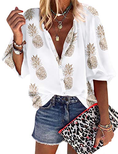 Yihelian Hawaii Hemd Damen Sommer Bluse Blumen Ananas Druck Knöpfe Hawaiihemd 3/4 Ärmel V-Ausschnitt Hemdbluse Strandshirt Hawaii Outfit Blusenshirt Tops für Strand Urlaub