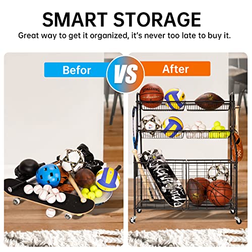 Weyimila Sports Equipment Organizer For Garage, Sports Storage For Garage, Garage Toy Storage, Rolling Basketball Rack, Storage For Nerf Gun, Storage Organization For Outdoor/Indoor, Steel, Black #TOP4